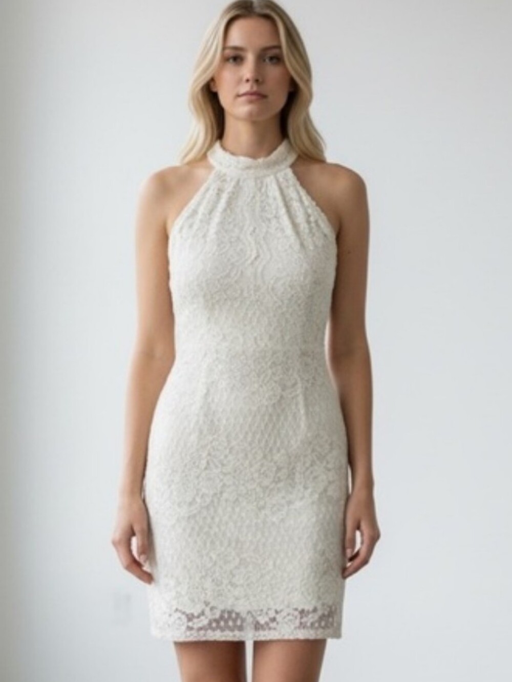 Windsor Sleeveless All Over Lace Bodycon Mini Dress High Neckline Duel Closure